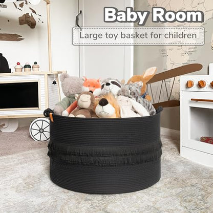 Large Blanket Basket Living Room, Laundry Basket With Tassel, 90L | Woven Storage Basket for Toys, Clothes & Pillows Storage，Bedroom Nursery Décor, Laundry Hamper With Handles, Black