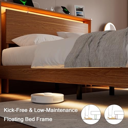 Bed Frame Queen Size with LED Lights & Charging Station – Kids Wood Floating, view 7