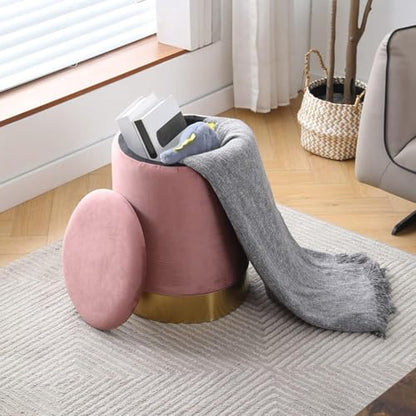 Velvet Storage Ottoman Multipurpose Footrest Stool with Metal Base Modern Round Vanity Stool Chair Ottoman Foot Stools Support 300 lbs Padded Seat for Living Room (Dusty Rose (Velvet))