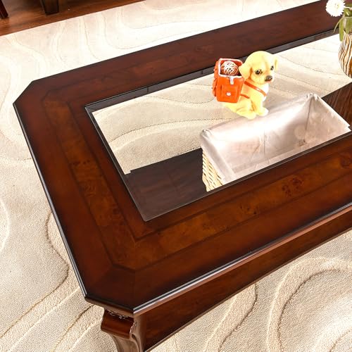 Traditional Wood Coffee Table with Glasstop, 47.2* 23.6* 17.9in | Rectangle Solid Wood Tea Table with Storage Shelf, 2-Tier Glass Center Tables in Cherry for Living Room, Large Cocktail Table