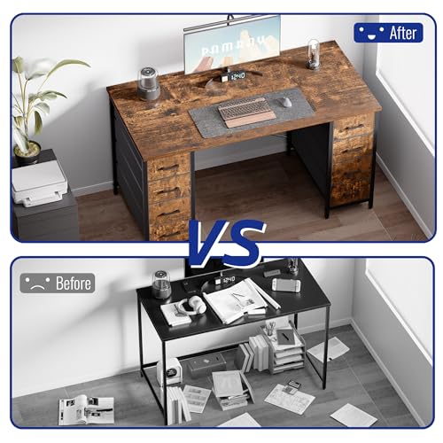 47 Inch Computer Desk with 8 Fabric Drawers PC Gaming Desk Home Office Study Work Writing Table for Bedroom Vintage