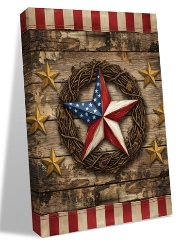 Farm Western Stars Stripe Wood Grain Canvas Wall Art Prints,40"x28" Framed Picture Artwork 4th of July Patriotic Flag Printed Canvas Oil Painting for Living Room Bedroom Office,Ready to Hang