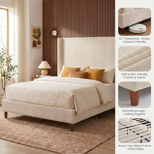 WEUP Queen Size Bed Frame with 56 Inch Corduroy Wingback Headboard, Cream, view 5