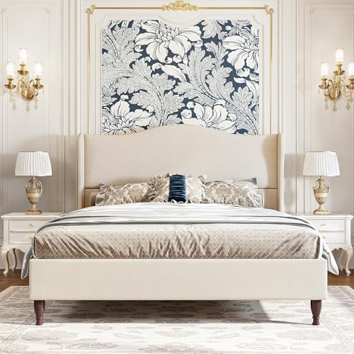 King Size Upholstered Bed Frame with 51'' Tall Headboard, Beige, view 2