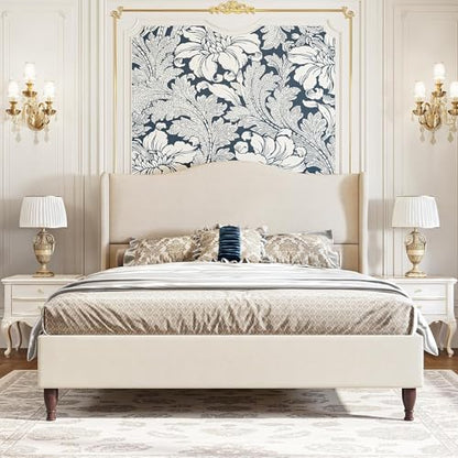 King Size Upholstered Bed Frame with 51'' Tall Headboard, Beige, view 2