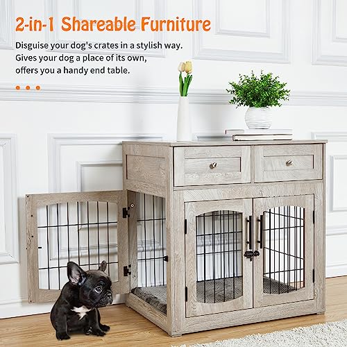 Dog Crate Furniture with Cushion, Wooden Dog Crate Table with 2 Drawers, view 3