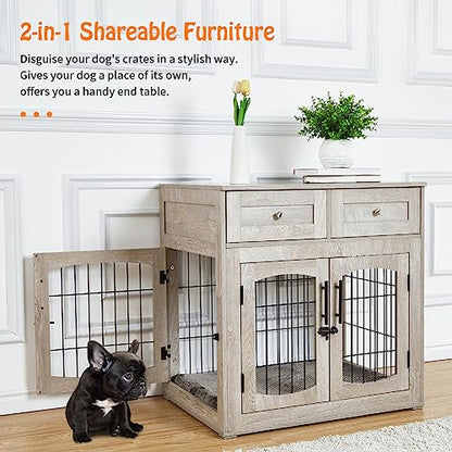 Dog Crate Furniture with Cushion, Wooden Dog Crate Table with 2 Drawers, view 3