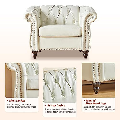 Chesterfield Chair, Modern Faux Leather Tufted Accent Sofa Couch Chair with Rolled Arms and Nailhead for Living Room, Bedroom, Office, Apartment (White)