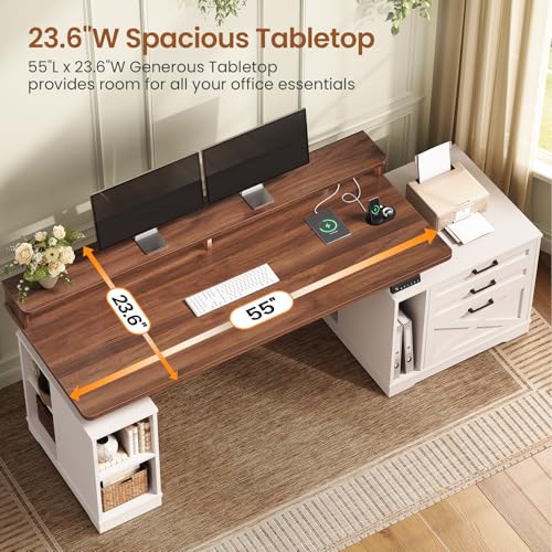 Farmhouse Electric Standing Desk with 3 Drawers and File Cabinet, view 6