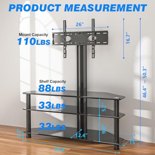 Corner Swivel Glass TV Stand with Mount for 32-70 Inch Screen TV up to 110lbs, Height Adjustable Corner TV Stand with Mount, Entertainment Center with TV Mount and 3-Tier Storage for AV Media