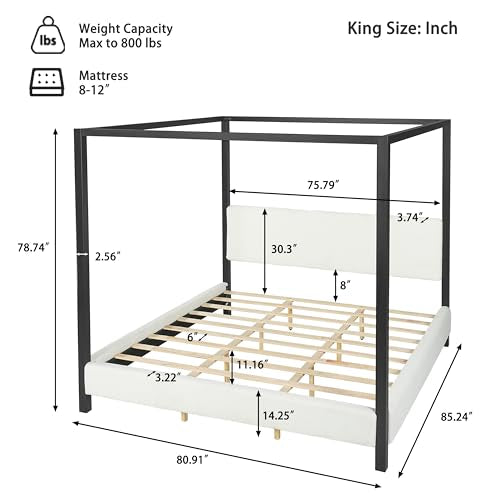 Modern King Szie Metal Canopy Bed with Plush Bouclé Upholstery, view 3