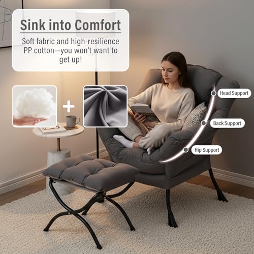 Lazy Chair with Ottoman, Modern Chair with Folding Footrest, Dark Grey Accent Chair, Comfortable Reading Chair, Oversized Armchairs for Bedroom, Study, Living Room, Courtyard