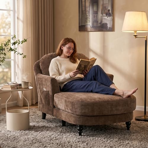 59.8” Chaise Lounge Chair Indoor, Oversized Reading Armchair, Brown, view 2
