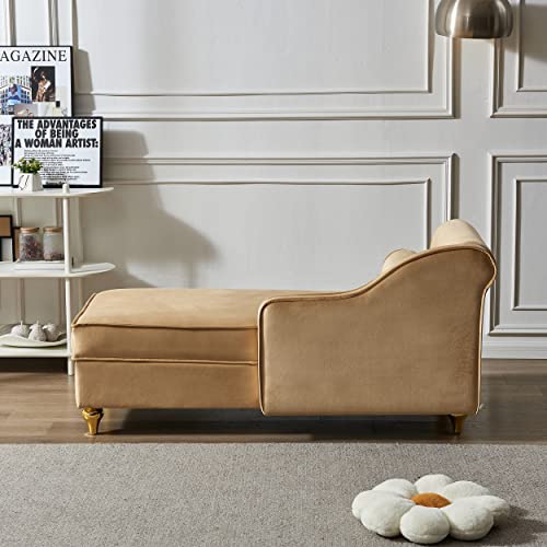 Modern Upholstery Chaise Lounge Chair with Storage, Velvet (Khaki) for Garden, view 5
