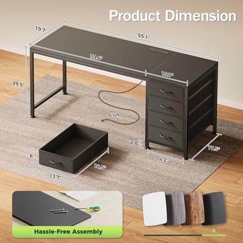 55.1 Inch Computer Office Desk with Power Outelts and USB-C Port, Reversible Gaming Desk with 4 Fabric Drawers, Work Study Desk Work from Home, Black