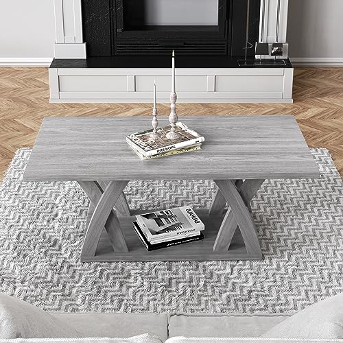 Farmhouse Coffee Table with Shelf, Wood Coffee Table for Living Room, Open Display Area, 47” Grey