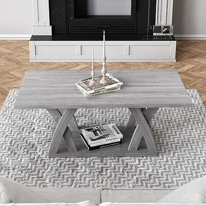 Farmhouse Coffee Table with Shelf, Wood Coffee Table for Living Room, Open Display Area, 47” Grey