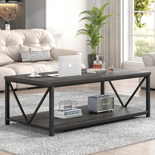 Industrial Coffee Table with Storage Shelf, Modern Rustic Wooden and Metal Rectangle Center Table for Living Room, Dark Gray, 47 Inch