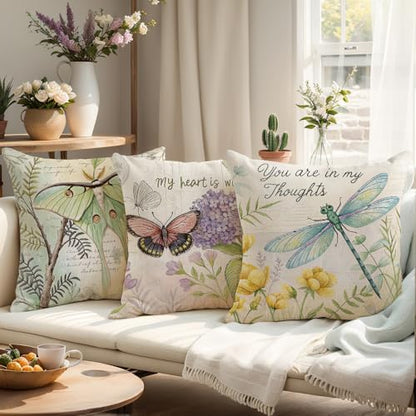 Throw Pillow Covers 16x16 Set of 4 Spring Summer Pillow Covers Linen Flower Butterfly Farmhouse Pillowcases for Sofa Couch Living Room Outdoor