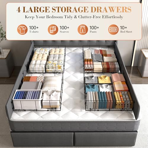 Upholstered Queen Size Bed Frame with 4 Storage Drawers and LED Lights, view 6