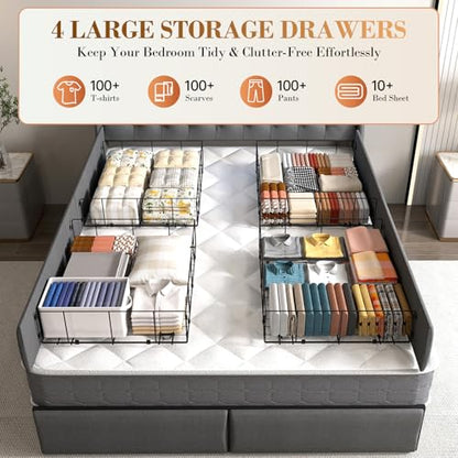 Upholstered Queen Size Bed Frame with 4 Storage Drawers and LED Lights, view 6