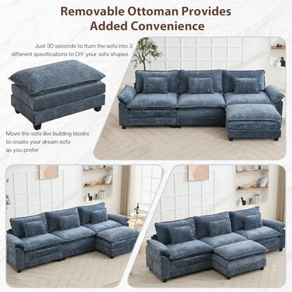 Modular Sectional Sofa, Cloud Couch with Ottoman, Deep Seat L Shaped Chenille Sofa Couches for Living Room Apartment (Blue, L Shaped-3 Seat & Ottoman)
