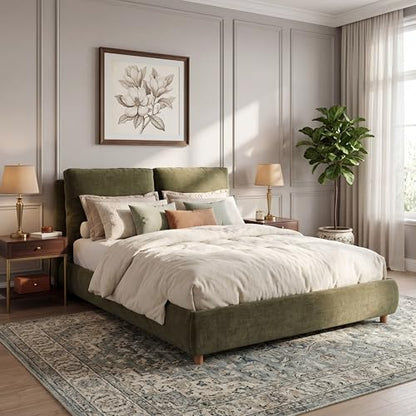 Queen Linen Blend Platform Bed with 2 Headboard Pillows, Olive Green, view 2