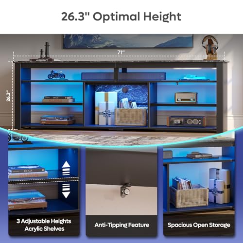 Tall TV Cabinet with LED & Storage, 80", Black Marble Gaming Stand, view 7