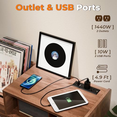 Large Record Player Stand,Turntable Stand Shelf w/Power Outlet & LED Light, view 6