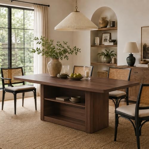 63" Dining Table with Storage, Fluted Rectangular Kitchen Table for 6 with 2-Tier Storage Shelf, Farmhouse Wood Table (Walnut)