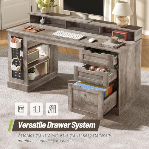 55-Inch Farmhouse Executive Desk with 2 Drawers and File Cabinet, view 6