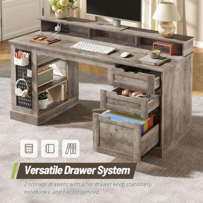 55-Inch Farmhouse Executive Desk with 2 Drawers and File Cabinet, view 6