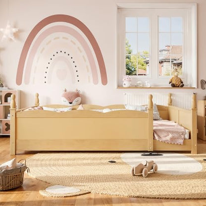 JIVOIT Queen Size Floor Bed with Accessible Door, Wood Montessori Floor Bed with Beside Book Shelf, Childlike Design, Full-Length Guardrails, No Box Spring Needed (Natural/ Queen,15)