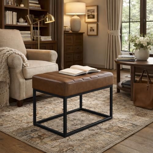 22" Theodore Channel Tufted Ottoman - Brown Faux Leather