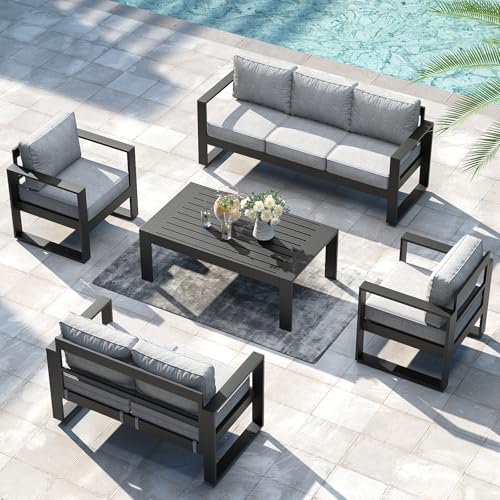 5 Pieces Aluminum Outdoor Patio Furniture Set, Metal Modern Conversation Sofa Set with Coffee Table and Washable Thick Cushions for Porch, Backyard, Deck