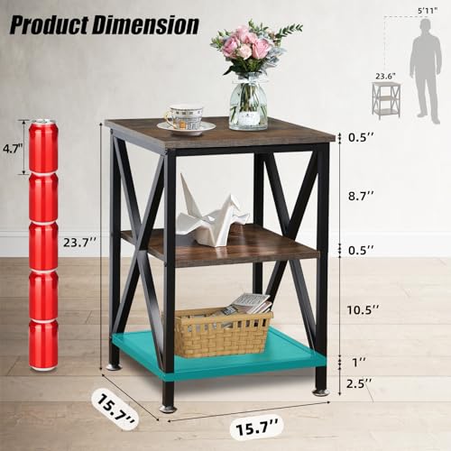 Square End Tables Living Room Set of 2, 16" D x 16" W x 24" H, Rustic Brown | Rustic End Tables Living Room with Storage Shelf, Side Tables with Steel X-Shaped Frame, Farmhouse Nightstand Wood and Metal