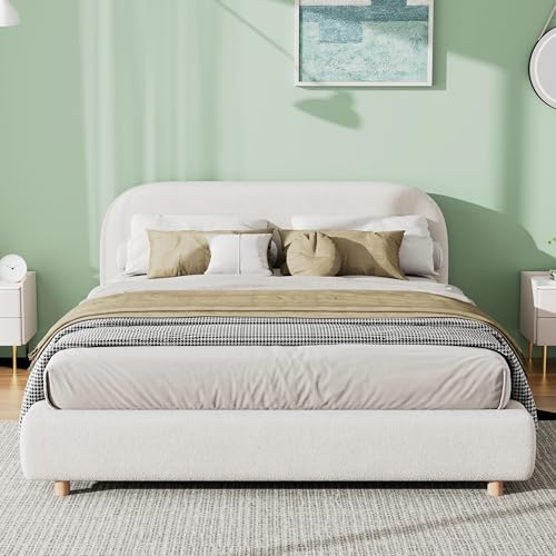 Queen Size Platform Bed, Boucle Fabric Headborad and Bed Frame, view 4
