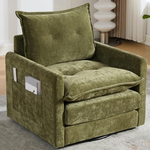 360° Swivel Accent Chair, Chenille Swivel Armchair for Living Room, Mid Century Modern Comfy Thick Padded Arm Chairs, Green
