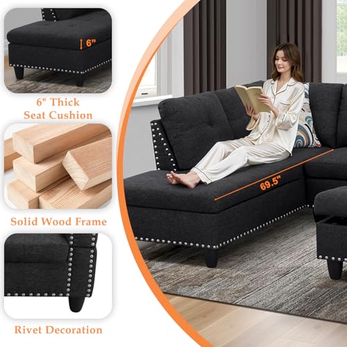 Sectional Sofa Couch, Modern 4-Seaters Living Room Furniture Sets with Chaise Lounge, Ottoman & 2 Pillows | L Shape Couch | Cup Holder | Linen Fabric, Charcoal Gray