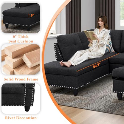 Sectional Sofa Couch, Modern 4-Seaters Living Room Furniture Sets with Chaise Lounge, Ottoman & 2 Pillows | L Shape Couch | Cup Holder | Linen Fabric, Charcoal Gray