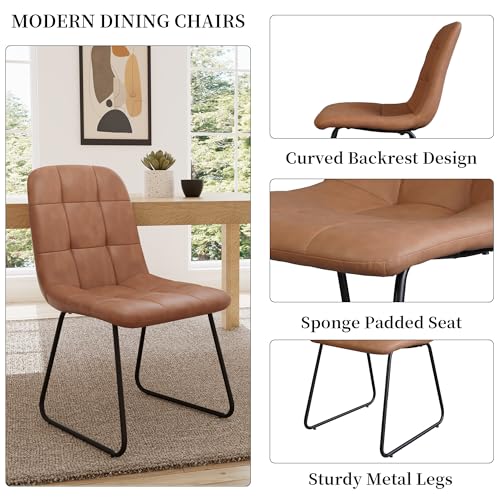 45.3 Inch Round Dining Table Set for 4, Mid Century Modern Small Coffee Set for Dining Room Kitchen Apartment (Dark Walnut Table + 4 U-Shaped Brown Chairs)