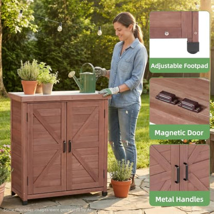 Outdoor Storage Cabinet with Metal Tabletop, Cedar Wood Garden Workstation | Metal Work Surface，Ample Storage Capacity，Natural Wood Construction，Garden Tool Organization，Patio & Garden Furniture