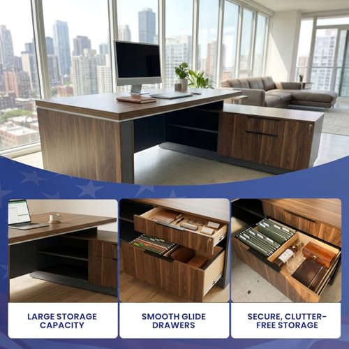 OfficeSimpli L Shaped Executive Desk with Drawers, Made in USA, 84x72x30 in, view 4