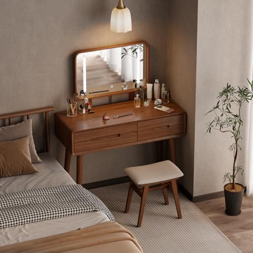 Solid Wood Makeup Vanity Desk with Mirror and Lights, Walnut, view 2