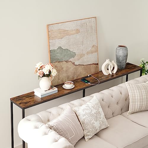 78.7" Console Table with Power Outlet, 11.8" Wide Narrow Sofa Table, Industrial Entryway Table with USB Ports, Behind Couch for Entryway, Hallway, Foyer, Living Room, Rustic Brown CTHR320E01