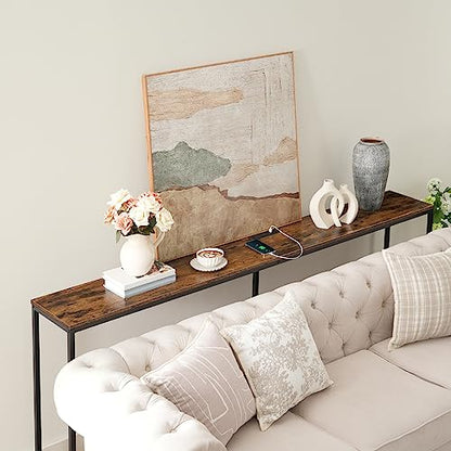 78.7" Console Table with Power Outlet, 11.8" Wide Narrow Sofa Table, Industrial Entryway Table with USB Ports, Behind Couch for Entryway, Hallway, Foyer, Living Room, Rustic Brown CTHR320E01