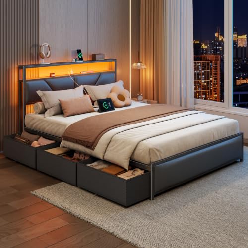 Queen Bed Frame with Storage Headboard, 6 Drawers, LED & Charging, view 6
