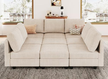 Corduroy Modular Sectional Sofa 9 Seat Convertible Sectional Sleeper Sofa Bed with Storage Ottomans Modular Sectional Couch Bed for Living Room Beige