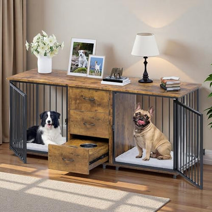 74 Inch Double Dog Crate Furniture for 2 Dogs & 2 Feeder Bowls, view 2