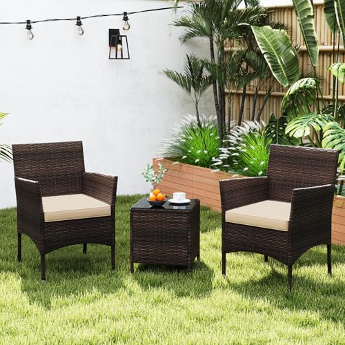 3 Piece Patio Furniture Set, Outdoor Wicker Patio Chairs with Soft Cushions & Tempered Glass Top Table, PE Rattan Bistro Set for Porch, Garden, Balcony (Beige)